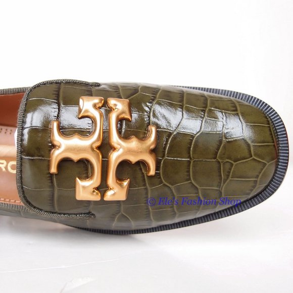 NIB Tory Burch Eleanor Heeled Loafer Croc Embossed Leather Leccio Green US7.5 - Picture 10 of 13